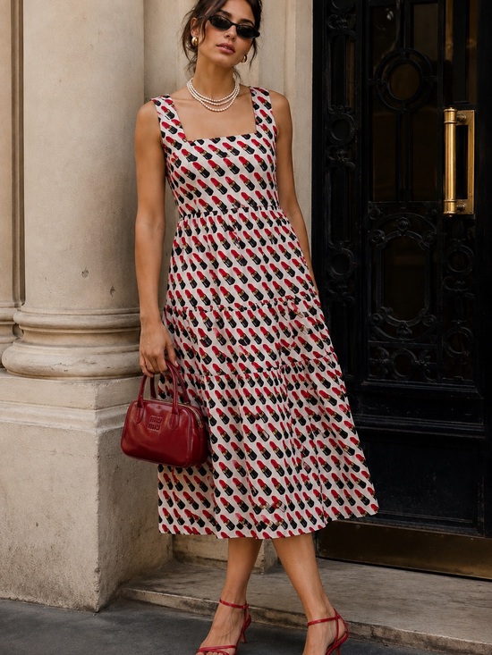 Anthropologie Dresses & Skirts - Anthropologie Cream Midi Dress with Red & Black Pattern